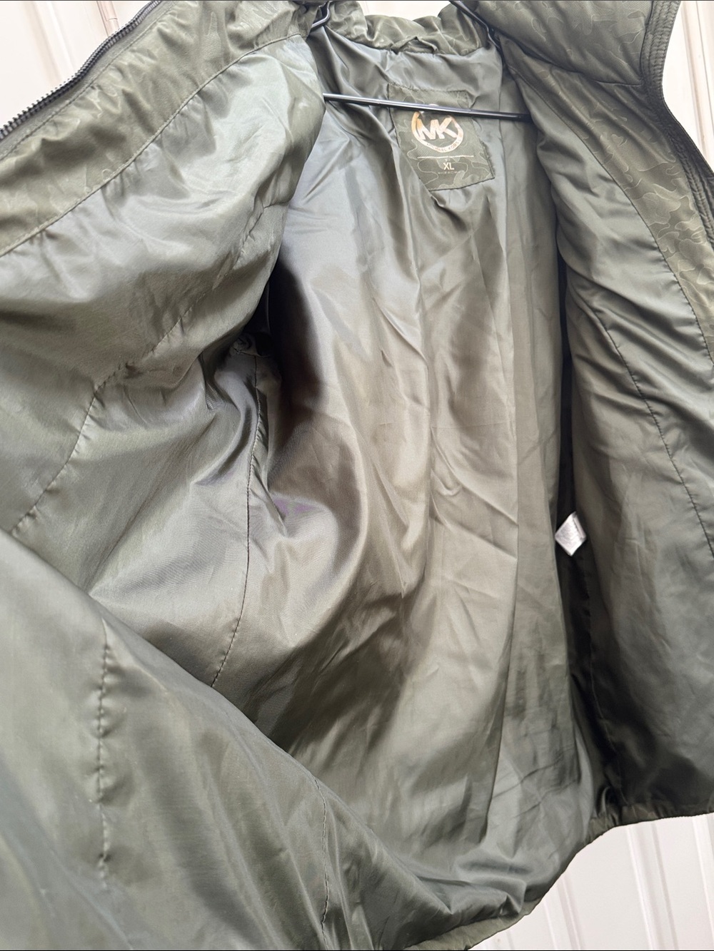 Michael Kors Olive Camo Green Quilted Puffer Coat with Faux Fur Hood - Picture 11 of 12